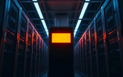 Server rack with an illuminated indicator panel indicating a pending network software update