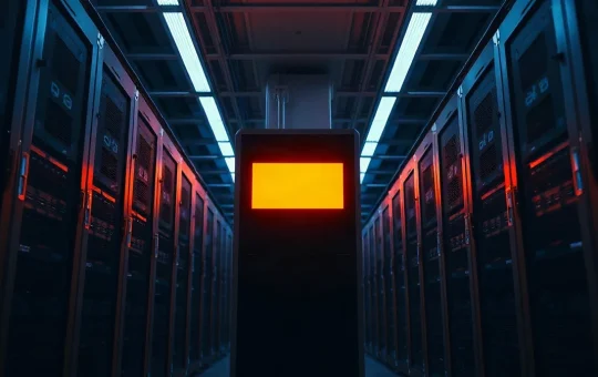 Server rack with an illuminated indicator panel indicating a pending network software update