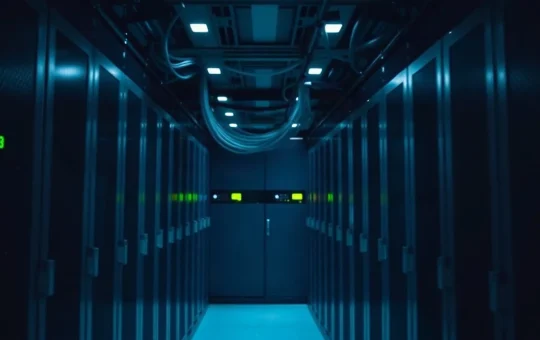 Server rack with network hardware lit by indicator lights in a data center aisle
