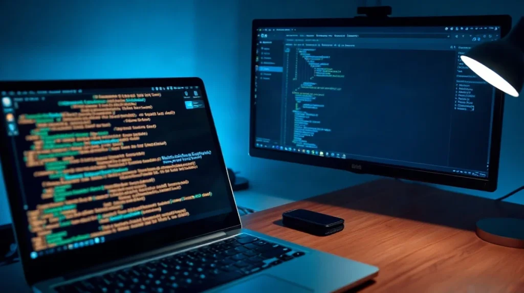 Developer workstation with laptop showing cryptographic code and a hardware wallet on the desk