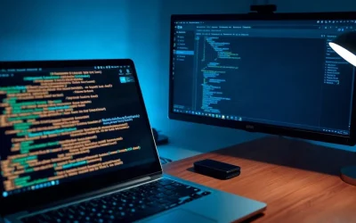 Developer workstation with laptop showing cryptographic code and a hardware wallet on the desk