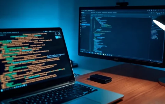 Developer workstation with laptop showing cryptographic code and a hardware wallet on the desk