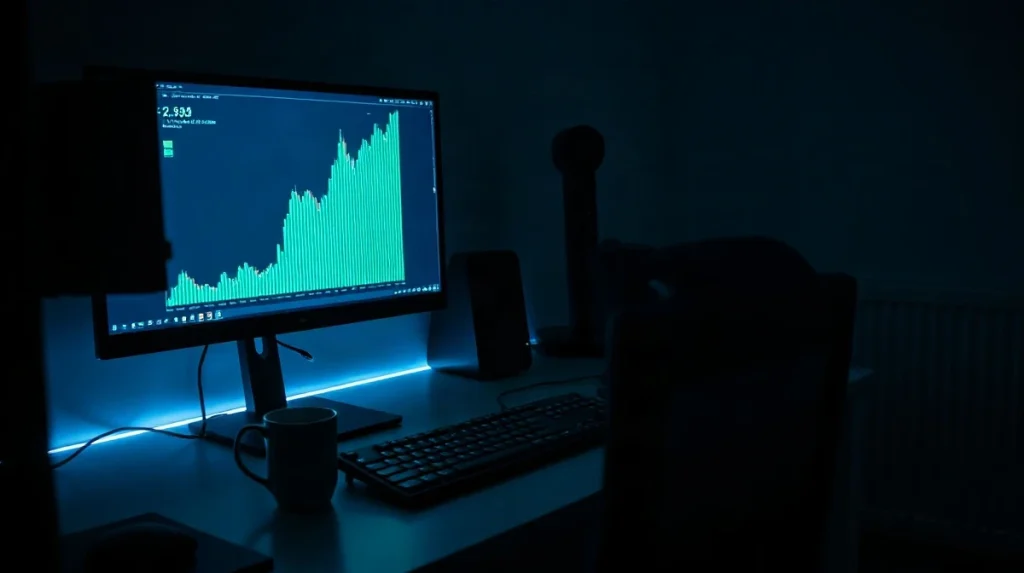 Trading monitor showing a crypto candlestick chart during a late-session rally